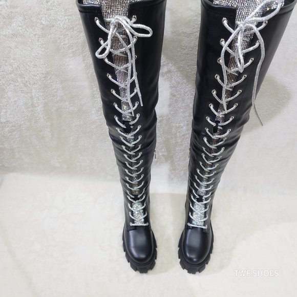 Roscoe Black Combat Thigh High Boots Iridescent Rhinestone Tongue Metallic Laces - Picture 1 of 14